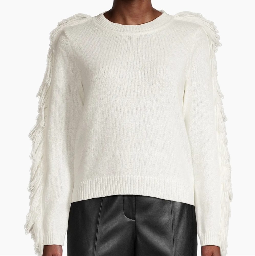 Milly Cream Crewneck Fringe-Sleeve Sweater MSRP $325.00